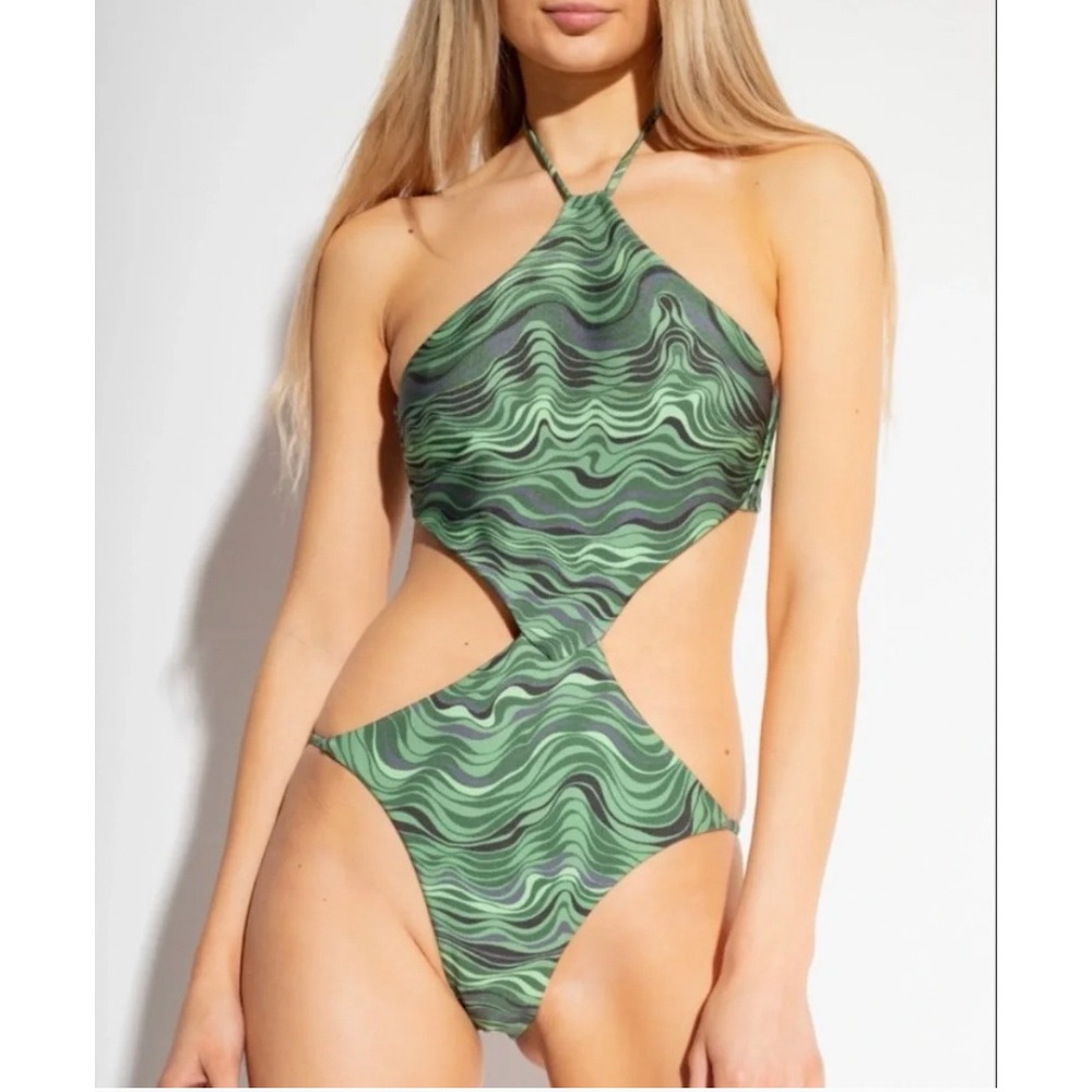 Cult Gaia Camari One Piece Swimsuit Saltation Basil Multi Green Wavy Cutout L